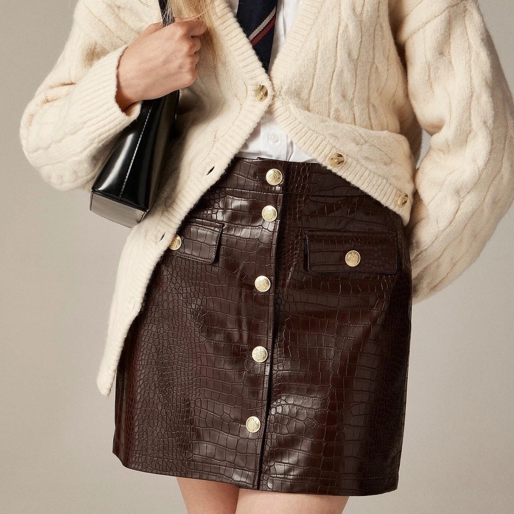 J. Crew Croc-Embellished Faux Leather Mini Skirt Midnight Brown Size 10 *READ*